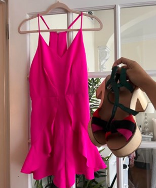 This Barbie Thrifts Luxury Clothes at Goodwill® Pink barbie dress and pink wedge shoes