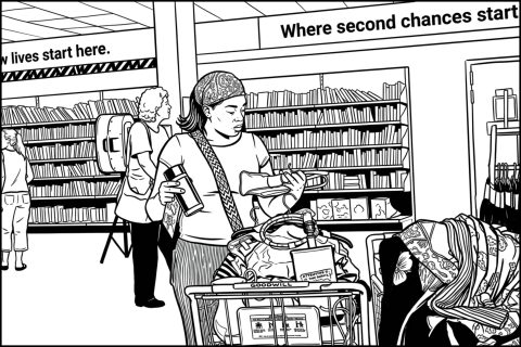 Drawing style image of shopper shopping 