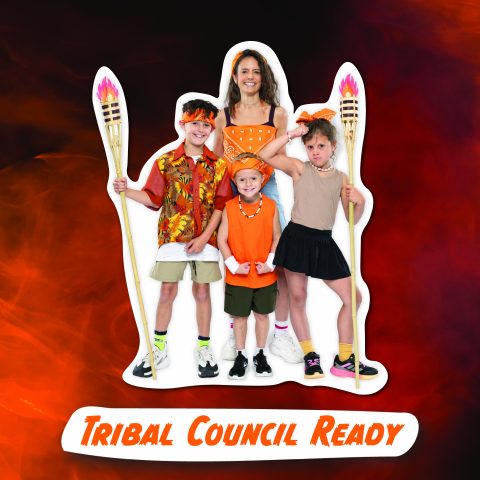 A group family Halloween costume based on the reality TV show 'Survivor.' A mother and group of children are wearing various island-themed costumes that were thrifted at Goodwill.