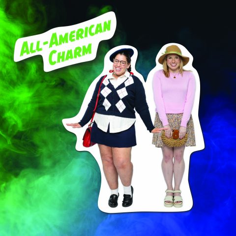 Two young women wearing Kit and Molly American Girl Dolls thrifted Halloween costumes from Goodwill.