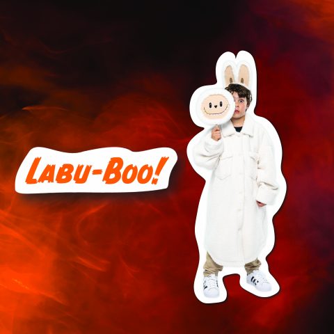 A young boy dressed up as a trendy Labubu Doll Halloween costume for 2026.