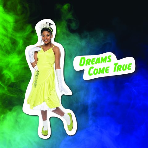 A young woman wearing a thrifted Halloween costume of Tiana from the Disney movie the Princess and the Frog, a perfect throwback costume idea for girls who grew up in the 2000s.
